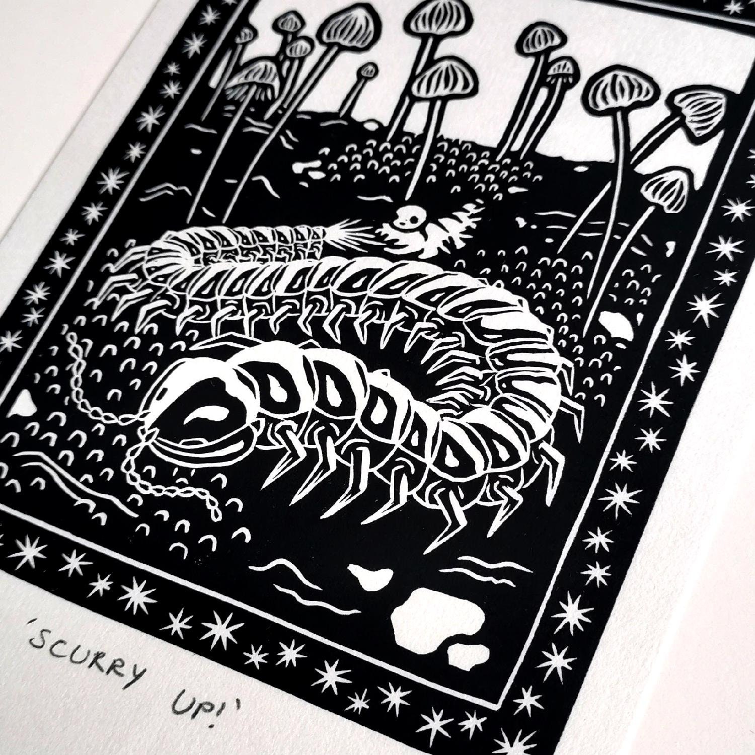 Scurry Up! - (7 3/4 X 5 1/2 Inches) Edition of 100, Goth Centipede Art Print, Halloween Fine Art Bug Decor, Original Lino Print
