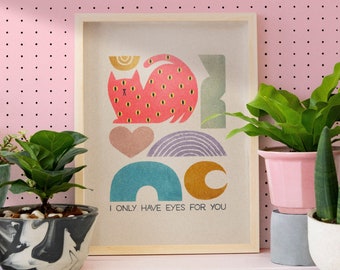 Lámina artística abstracta de gato: formas geométricas coloridas, estilo moderno de mediados de siglo