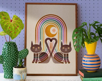 Lámina artística de gato negro moderno de mediados de siglo: decoración arcoíris bohemia