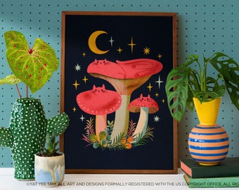 Lámina artística de gato seta: decoración psicodélica estilo cottagecore