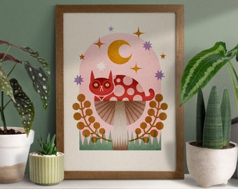 Lámina artística de gato hongo: decoración cottagecore moderna de mediados de siglo