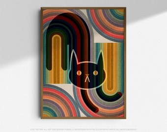 Lámina artística de gato negro arcoíris: decoración bohemia moderna de mediados de siglo