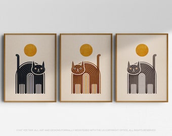 Lámina artística de gato arcoíris bohemio: póster de luna llena de mediados de siglo