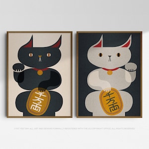 Maneki neko lucky cat individual wall art print, Minimalist mid century modern, Original cat lover art, Black and white beckoning cat