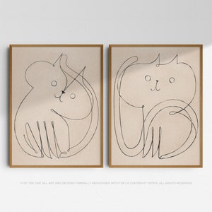 Arte original neutro de la pared del gato MCM, dibujo de una sola línea, impresión de arte de línea minimalista abstracta, regalo del propietario del amante del gato japonés moderno de mediados de siglo