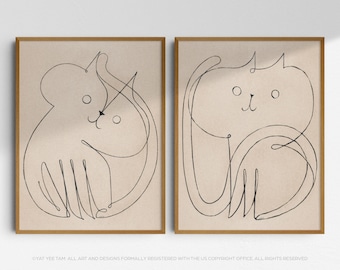 Lámina minimalista de arte lineal de gato: decoración Japandi moderna de mediados de siglo.