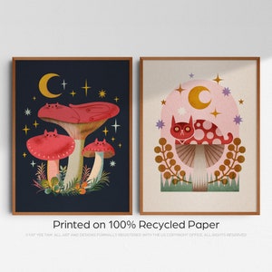 Mushroom Cat Art Print: Cottagecore Room Decor (8x10, Recycled Paper)