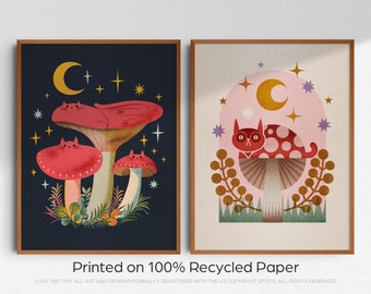 Lámina decorativa de gato con setas: decoración estilo cottagecore (8x10, papel reciclado)