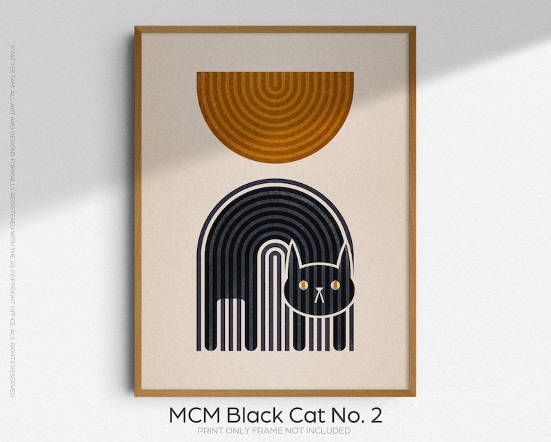 Mid Century Modern Black Cat Art Print: Boho Rainbow Geometric Poster ...