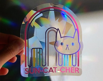 Pegatina atrapasol arcoíris de gato: Calcomanía de prisma bohemio para ventana