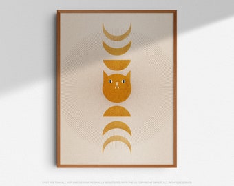 Lámina artística de gato con fases lunares bohemias: decoración geométrica minimalista