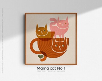 Lámina artística de gato japonés: decoración bohemia moderna de mediados de siglo