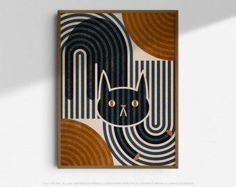 Lámina artística de gato negro bohemio: decoración arcoíris moderna de mediados de siglo