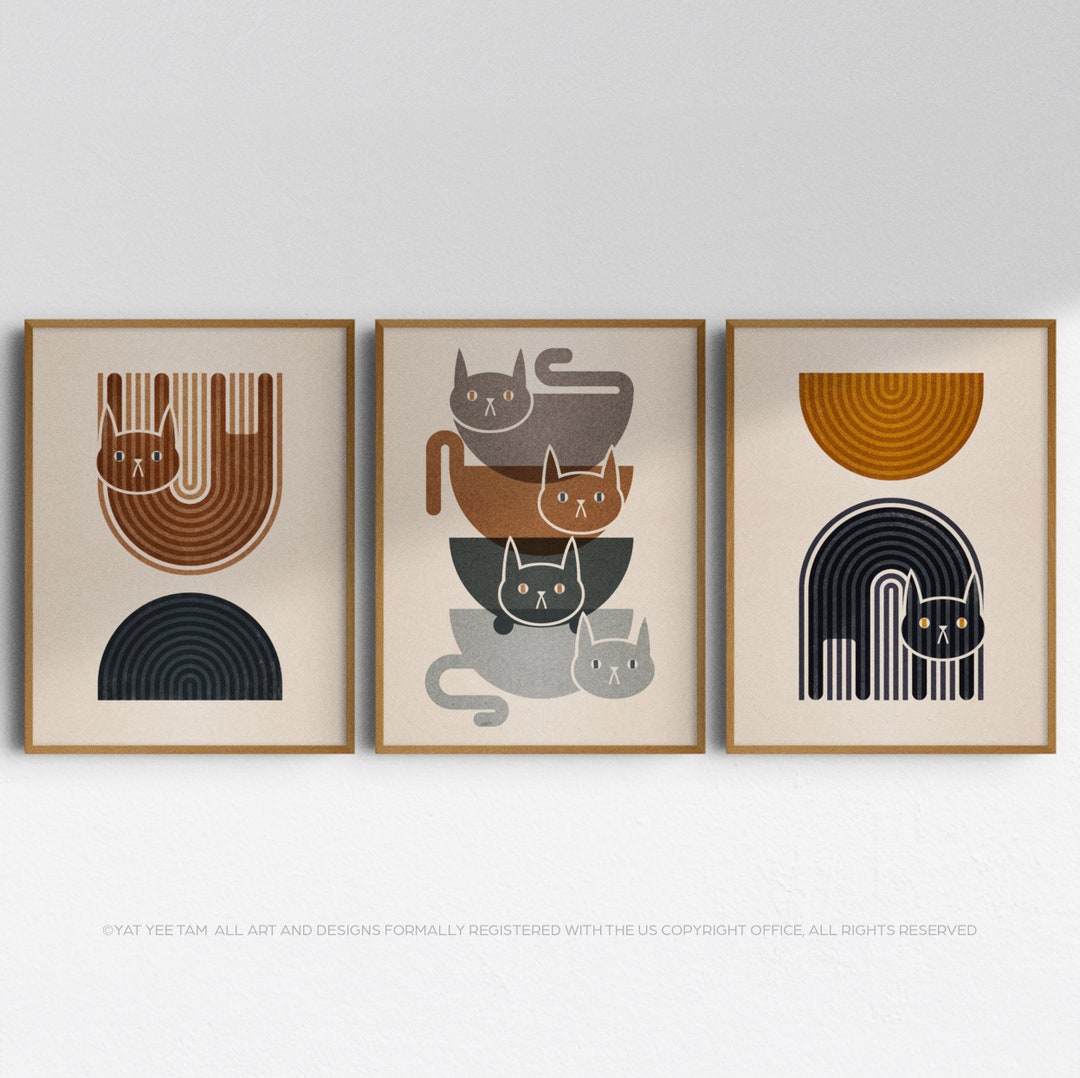 Mid Century Modern Black Cat Art Print: Boho Rainbow Geometric Poster ...