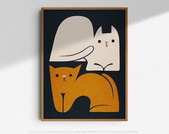 Lámina artística de gato bohemio: decoración de pared moderna de mediados de siglo en terracota