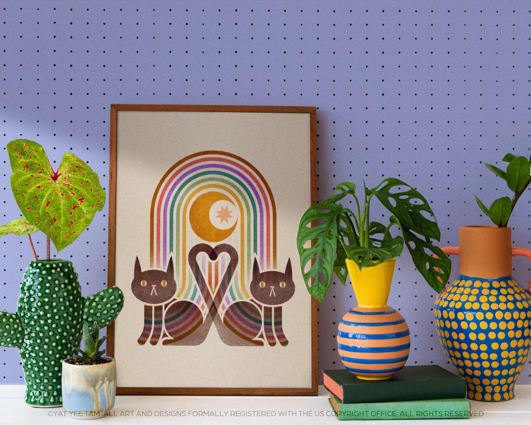 Mid Century Modern Black Cat Art Print: Boho Rainbow Decor - Etsy