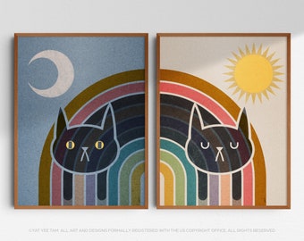 Lámina artística de gato negro arcoíris bohemio: decoración moderna de mediados de siglo con sol y luna