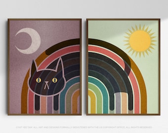 Lámina artística de gato negro arcoíris bohemio: decoración infantil moderna de mediados de siglo