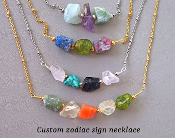 Handmade custom Zodiac sign necklace unique gift for her, Create your own rough gemstones necklace All 12 Star signs zodiac crystal necklace