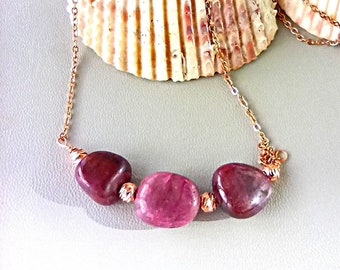 July birthstone necklace unique birthday gift Raw ruby crystal bar necklace gold Real wine red gemstone necklace in rose gold for her him