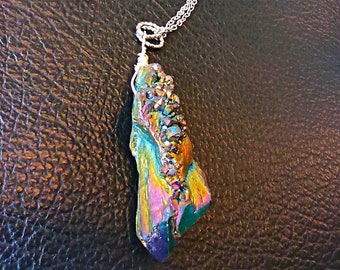 Rainbow titanium raw crystal necklace Real quartz pendant unique gift for her him Electroplated  angel aura quartz necklace best friend gift