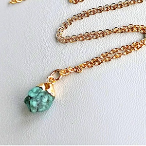 Dainty Raw Emerald Crystal Necklace: Rose Gold Pendant, May Birthstone