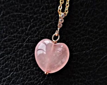 Genuine rose quartz heart necklace gold with CZ, Small heart rose quartz necklace pendant gift for her, Handmade pink crystal necklace