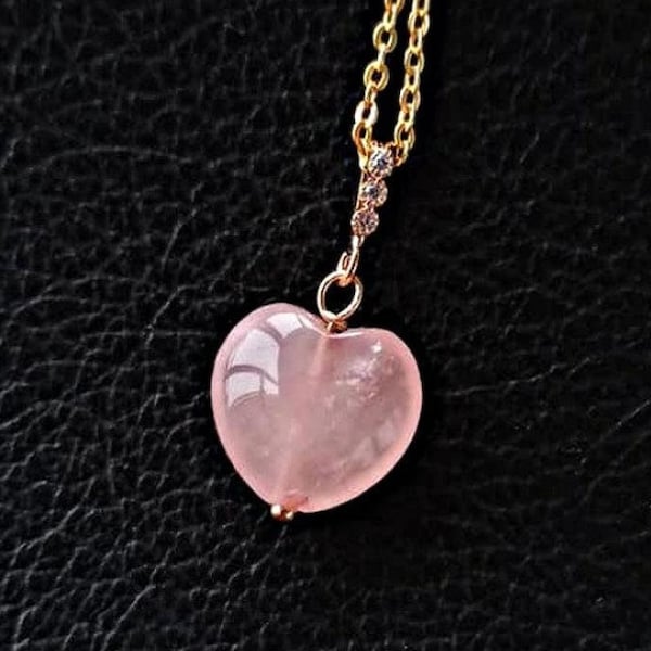 Collar de corazón de cuarzo rosa genuino oro con CZ, colgante de collar de cuarzo rosa de corazón pequeño regalo para ella, collar de cristal rosa hecho a mano