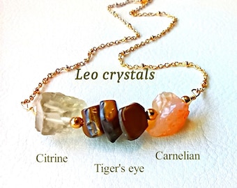 Leo Zodiac Necklace: Raw Carnelian, Citrine & Tiger's Eye Crystals