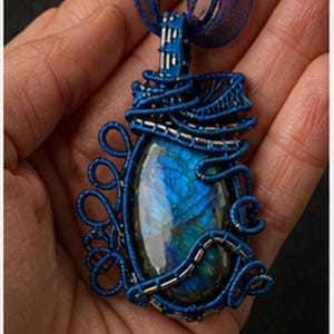 Blue Labradorite Pendant Necklace, Wire Wrapped Jewelry, Handmade Statement Necklace,  Boho Gift for Her, Unique Artisan Jewelry
