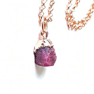 Tiny Raw Ruby Crystal Necklace: Rose Gold Pendant, Layering Jewelry