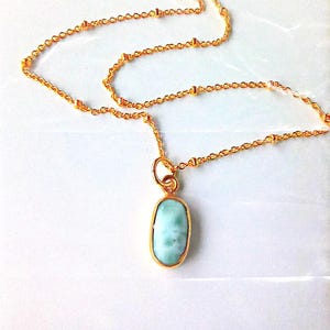 Small Larimar Necklace: Handmade Sky Blue Gemstone, Gold Plated Chain