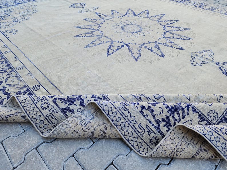 10x13 Vintage Rug, Turkish Rug Navy Blue, Area Rugs 10x13, Oushak