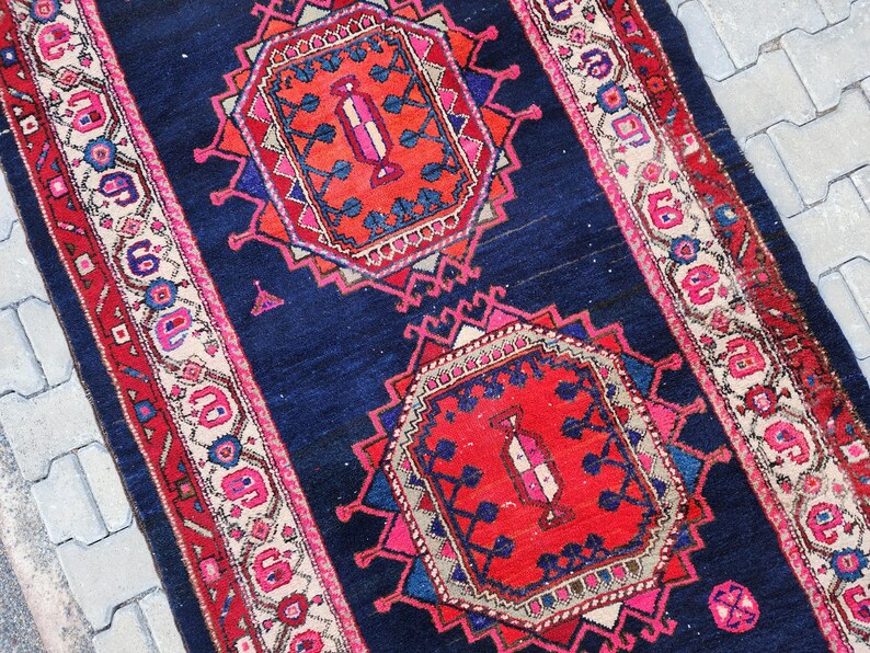 3x13 Turkish Runner, Vintage Rug Navy Blue, Geometric Runner Rug