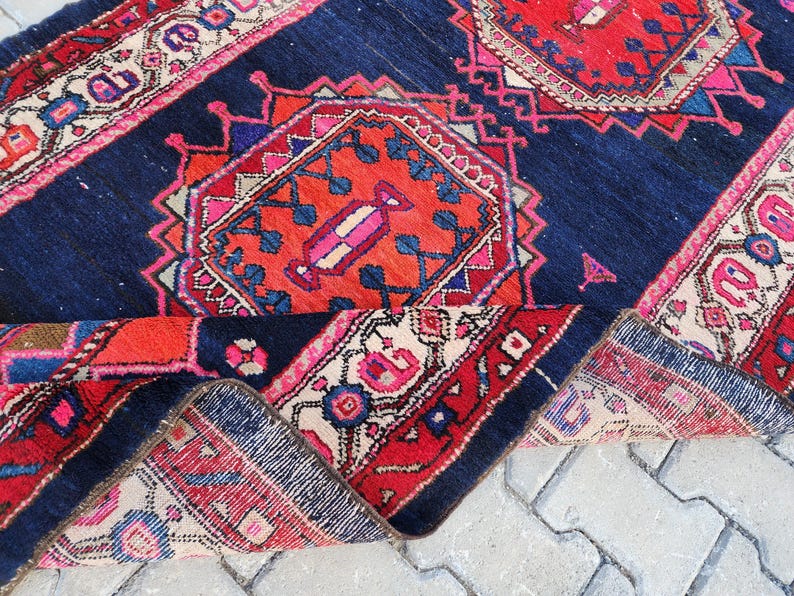 3x13 Turkish Runner, Vintage Rug Navy Blue, Geometric Runner Rug