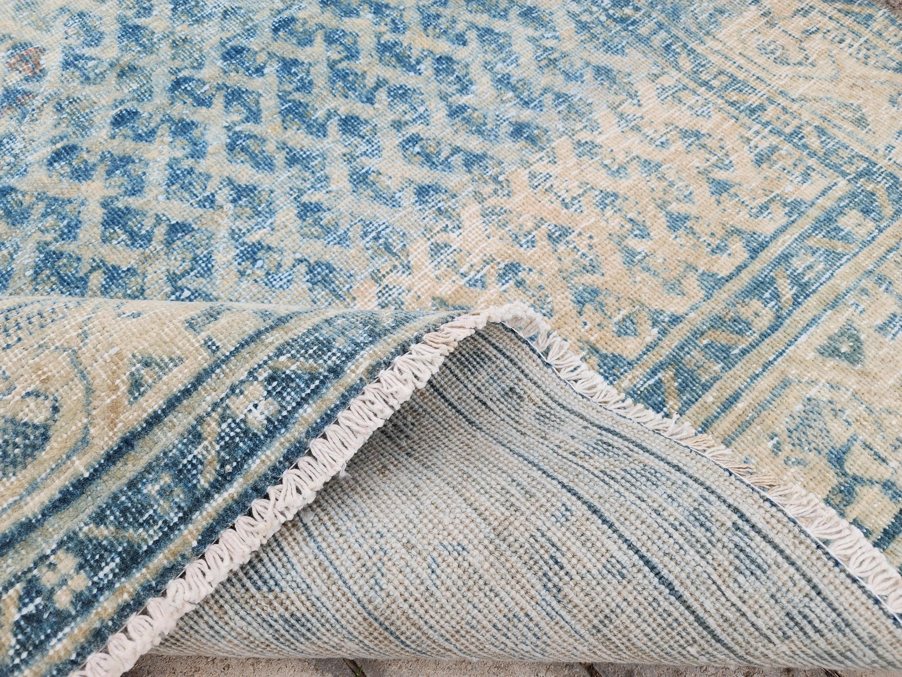 4x7 ヴィンテージ トルコ絨毯：手織りウールメダリオン、ブルー