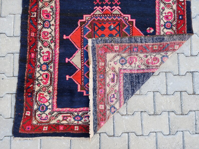 3x13 Turkish Runner, Vintage Rug Navy Blue, Geometric Runner Rug