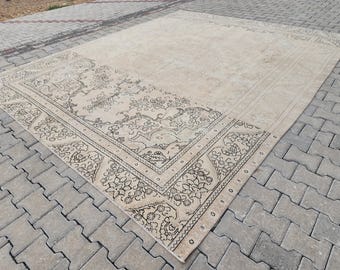 Neutraal vintage Turks wollen vloerkleed: 9x12 handgeknoopt oosters vloerkleed