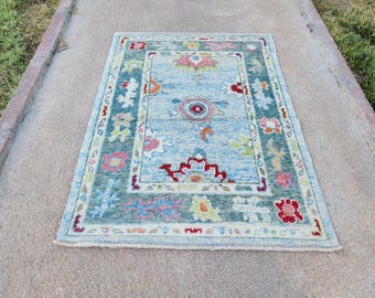 May include: Rectangular rug with a light blue central field and a dark teal border. The rug features floral and geometric patterns in red, pink, orange, and green. The rug is placed on a concrete surface.