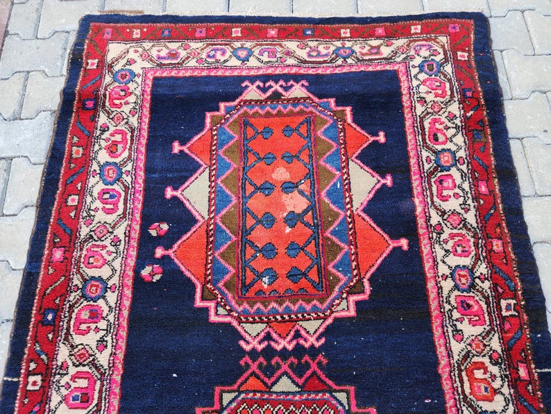3x13 Turkish Runner, Vintage Rug Navy Blue, Geometric Runner Rug