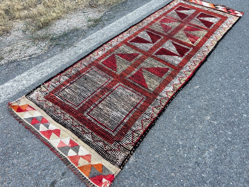 3x10 Herki Runner Rugs, Vintage Runner Red, Geometric Turkish Runner
