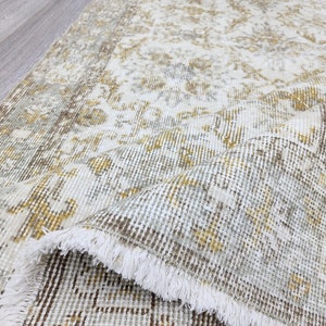 4x7 Hand-knotted Oushak Turkish Rug: Yellow Beige Wool, Faded Oriental Design