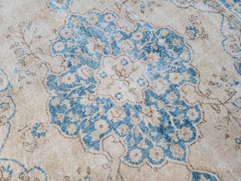 5x8 Oushak Rug, Vintage Rug Blue, Rugs for Bedroom, Floral Rug, Orange