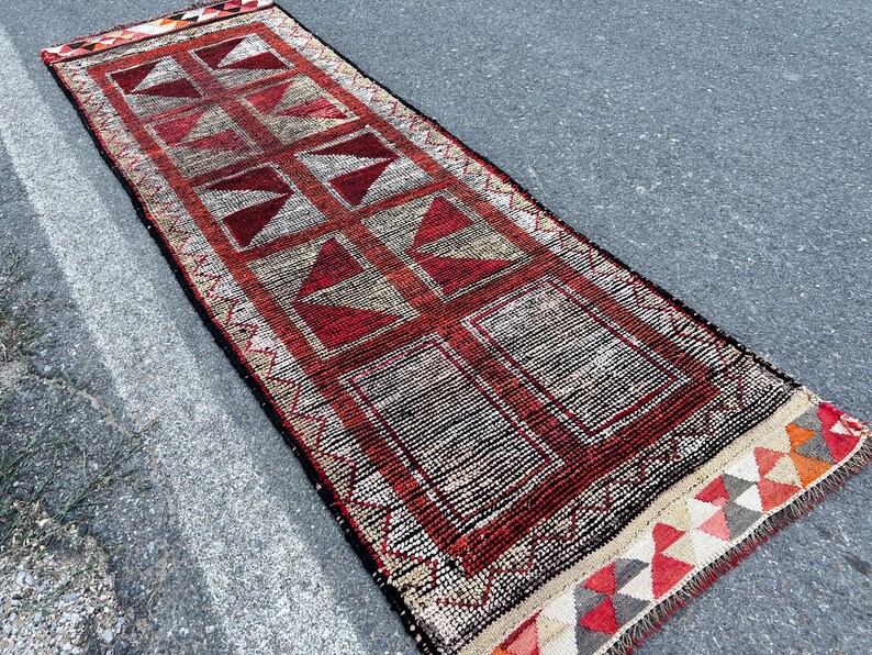 3x10 Herki Runner Rugs, Vintage Runner Red, Geometric Turkish Runner