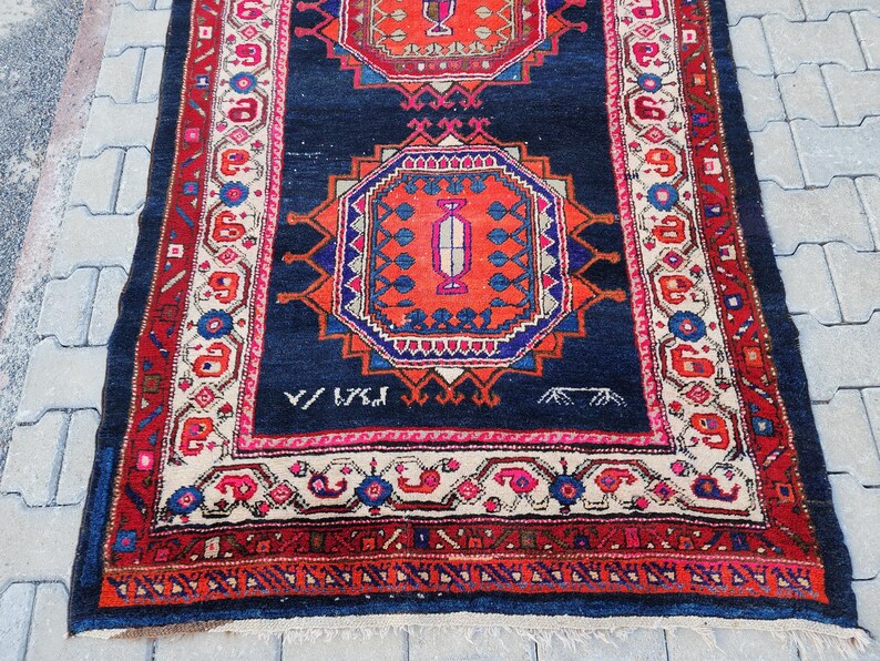 3x13 Turkish Runner, Vintage Rug Navy Blue, Geometric Runner Rug