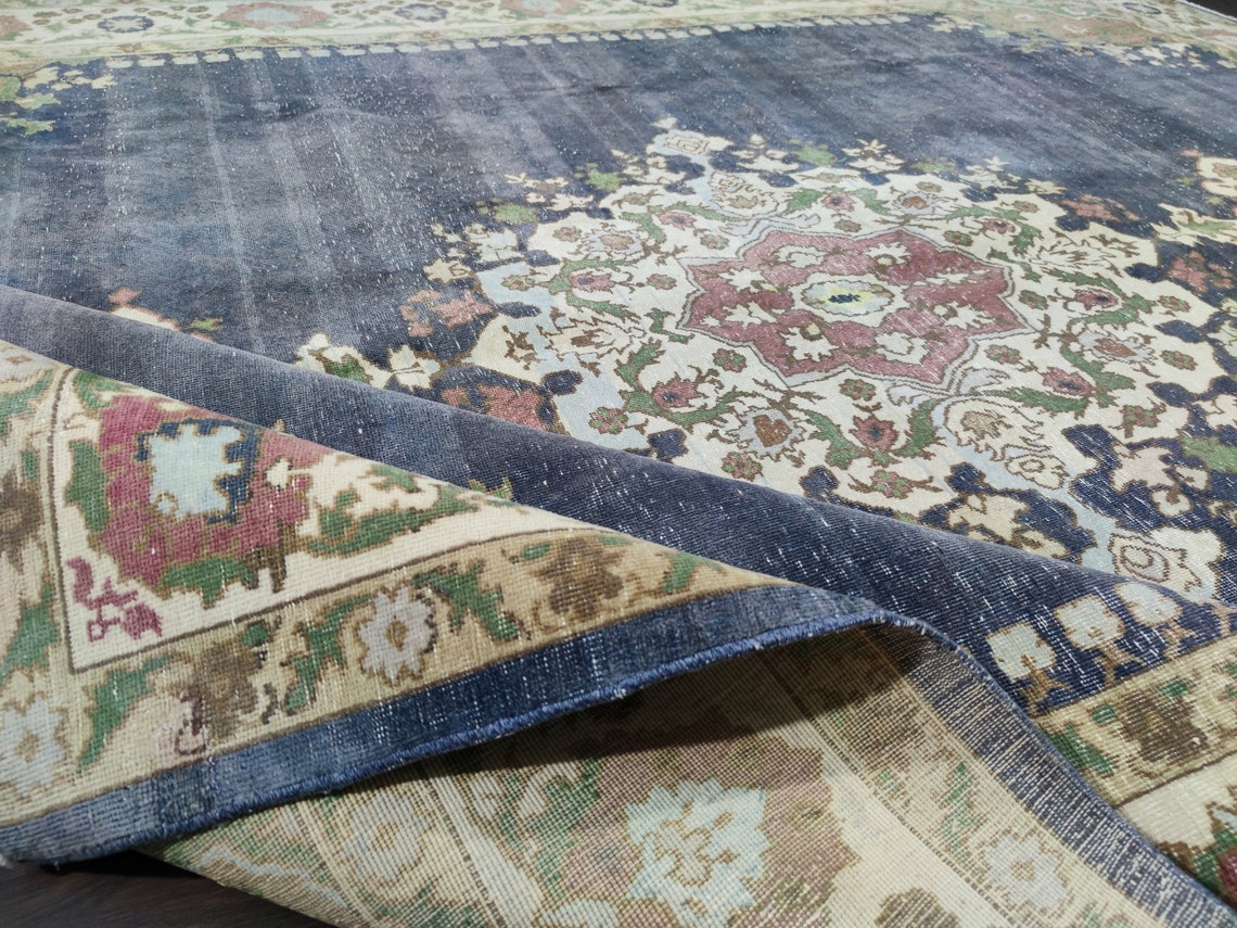 10x12 Navy Pink Floral Medallion Faded Wool Vintage Area Rug Etsy