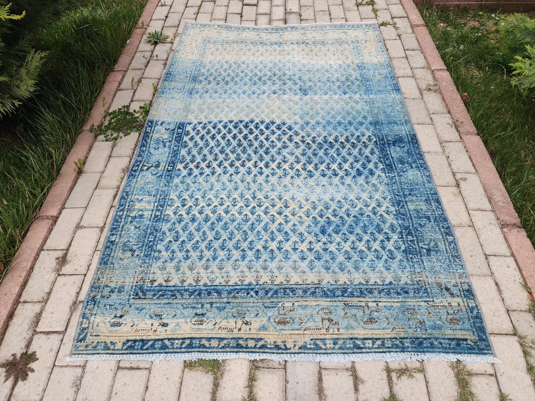 4x7 ヴィンテージ トルコ絨毯：手織りウールメダリオン、ブルー