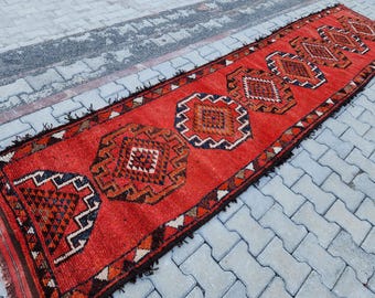 Vintage Red Turkish Runner Rug: Handwoven Wool Hallway Decor