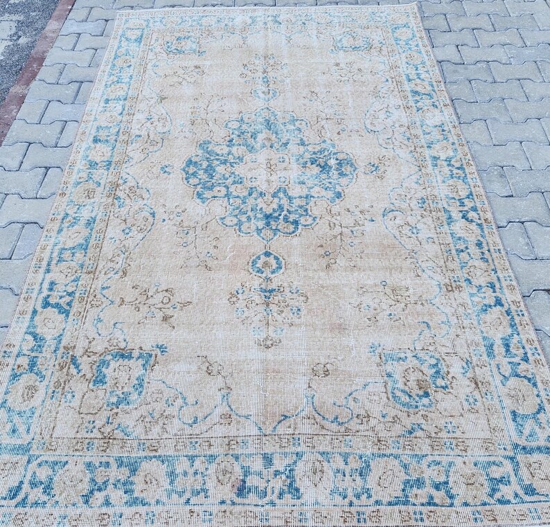 5x8 Oushak Rug, Vintage Rug Blue, Rugs for Bedroom, Floral Rug, Orange