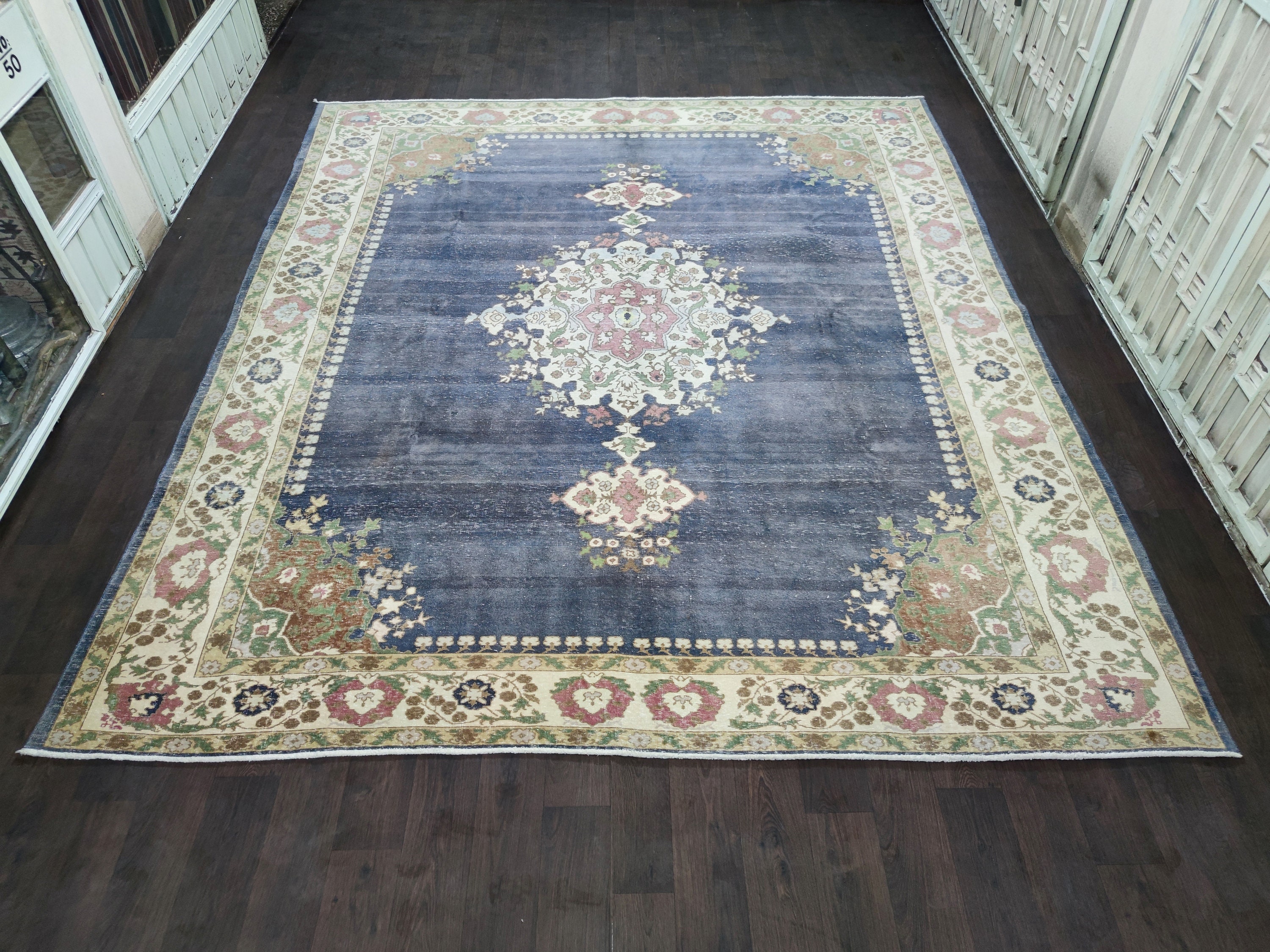 10x12 Navy Pink Floral Medallion Faded Wool Vintage Area Rug Etsy